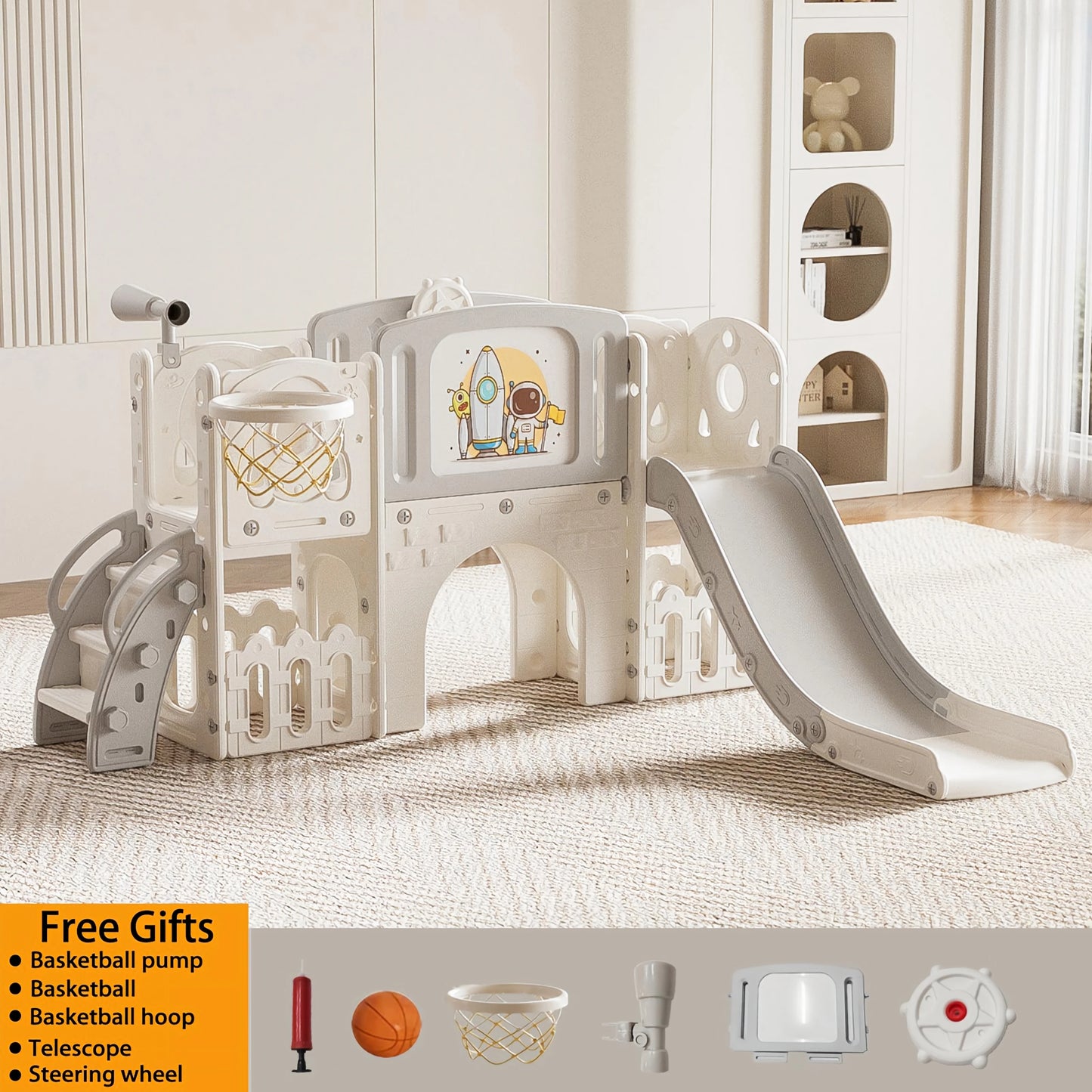 Toddler Slide Kids Slide Baby Slide Indoor Playground Toddler Playground Set Kids Climber Slide 8 in 1 Playset with Basketball Hoop Telescope Rotating Steering Wheel Enclosed Anti Slip Steps Long Slide HDPE Play Center for 18