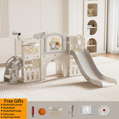 Toddler Slide Kids Slide Baby Slide Indoor Playground Toddler Playground Set Kids Climber Slide 8 in 1 Playset with Basketball Hoop Telescope Rotating Steering Wheel Enclosed Anti Slip Steps Long Slide HDPE Play Center for 18
