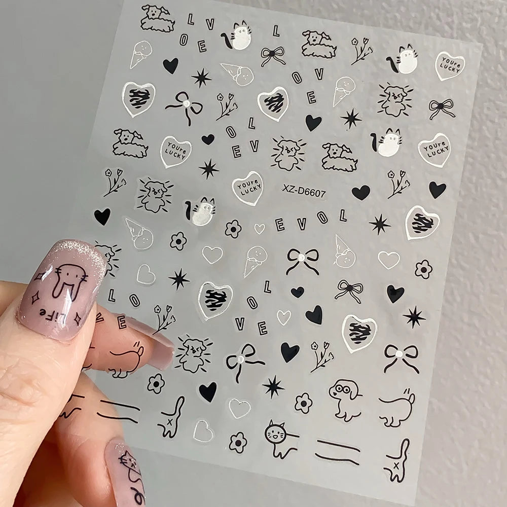 12pcs/set Cute Cartoon Dog/Cat Nail Art Stickers 3D Graffiti Black Cat Dog  Nail Decals 8*10cm Self-Adhesive Cartoon Nail Art Su