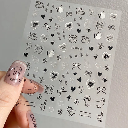12pcs/set Cute Cartoon Dog/Cat Nail Art Stickers 3D Graffiti Black Cat Dog  Nail Decals 8*10cm Self-Adhesive Cartoon Nail Art Su