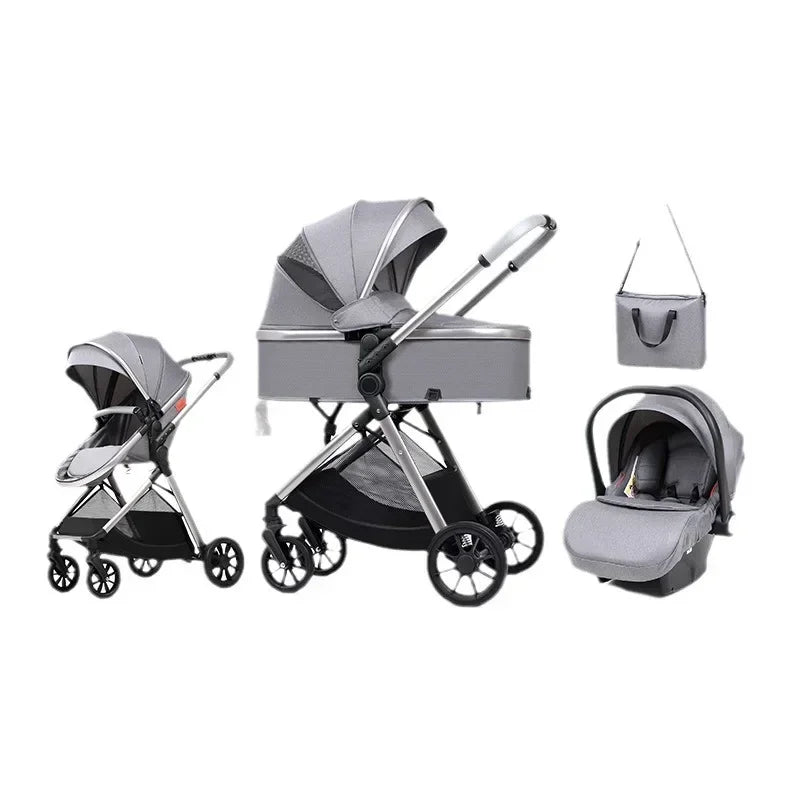 3-in-1 baby stroller, high landscape stroller, equipped with car seat, mom bag, one click folding, can sit and lie down
