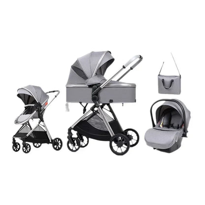 3-in-1 baby stroller, high landscape stroller, equipped with car seat, mom bag, one click folding, can sit and lie down