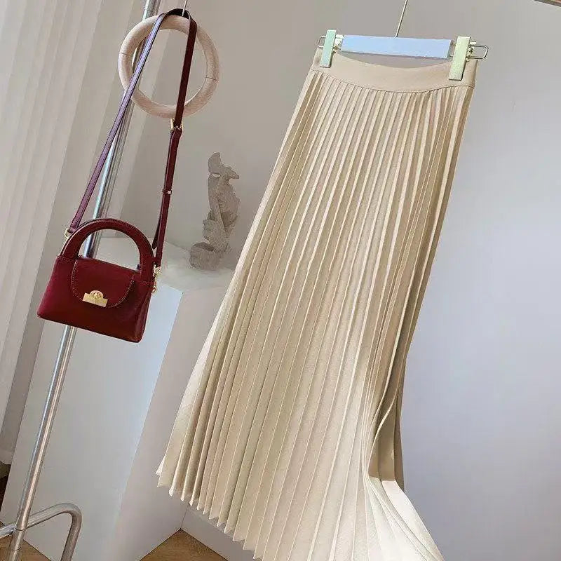 Women Summer Solid Pleated Satin Long Skirt Korean New Fashion Ladies Work Casual Elastic High Waist A Line Party Loose Skirts