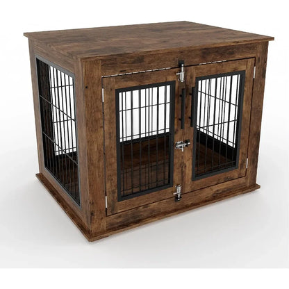 Garvee Wooden Dog Crate Furniture 80×60×66cm, Rustic Brown Pet Kennel with Openable Top and Double Lockable Doors, Bite Resistant Escape Proof Indoor Dog House Side Table