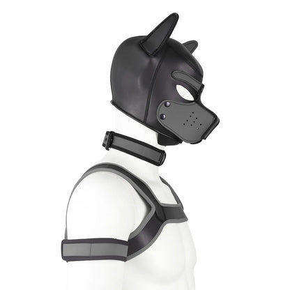 Large Size Puppy Cosplay Neoprene Fetish Hood Mask Kit with Chest Strap Collar Armband Sex Costumes for Bdsm Slave Role Play