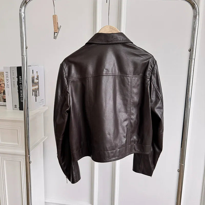 British Style Lapel Genuine Leather Jackets for Women Fashion Single-breasted Pockets Female Brown Casual Short Sheepskin Jacket