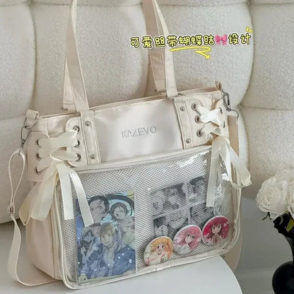 College Style Crossbody Bag with Ribbon Large Capacity for Class Book Carrying Mailman Bag Girls Bow JK Shoulder Ita Bag Handbag