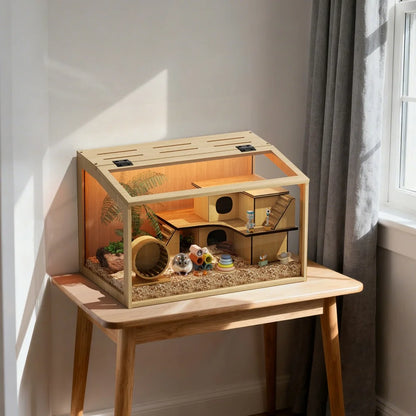 Large Wooden Hamster Cage Clear Tempered Glass Pet Small Animal Habitat Cage Playful Hutch House