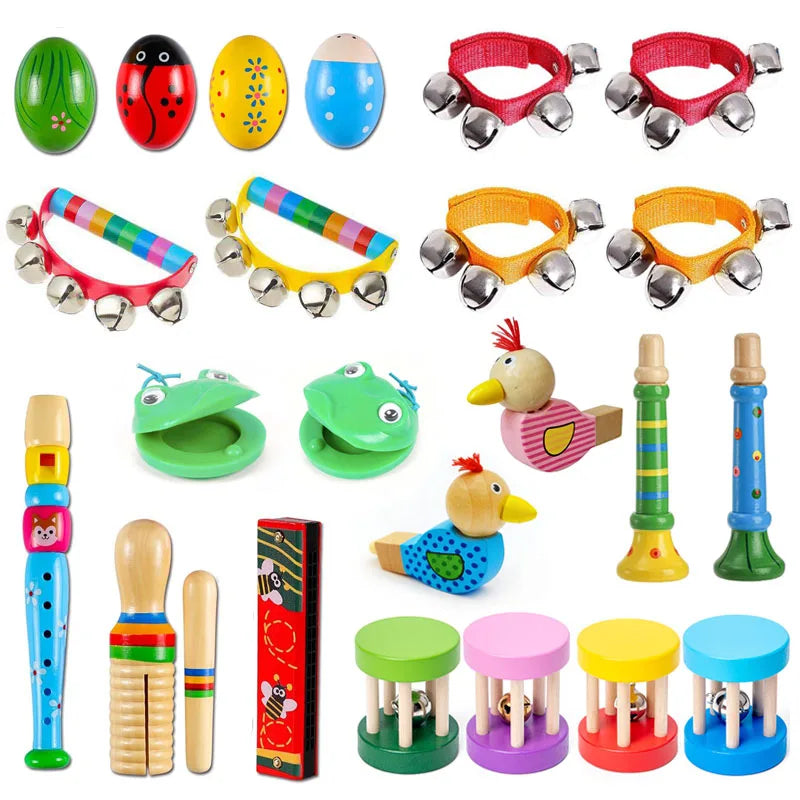 Wooden Music Instruments for Kids Rhythm Maracas Castanet Flute Jingle Bells Harmonica Trumpet Fiesta Carnival Party Favors