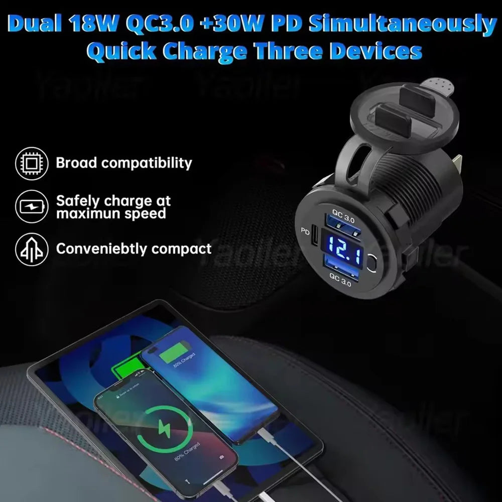 3 Ports Quick Charge Dual PD & QC 3.0 112W Aperture Car Charger Outlet Socket For 12V 24V Motorcycle Boat Marine Truck ATV
