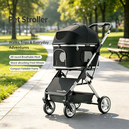 Aluminum Alloy Lightweight Pet Stroller Detachable Carrier One-Click Fold Shock Absorb Dog Cat Outdoor Travel Cart Wholesale