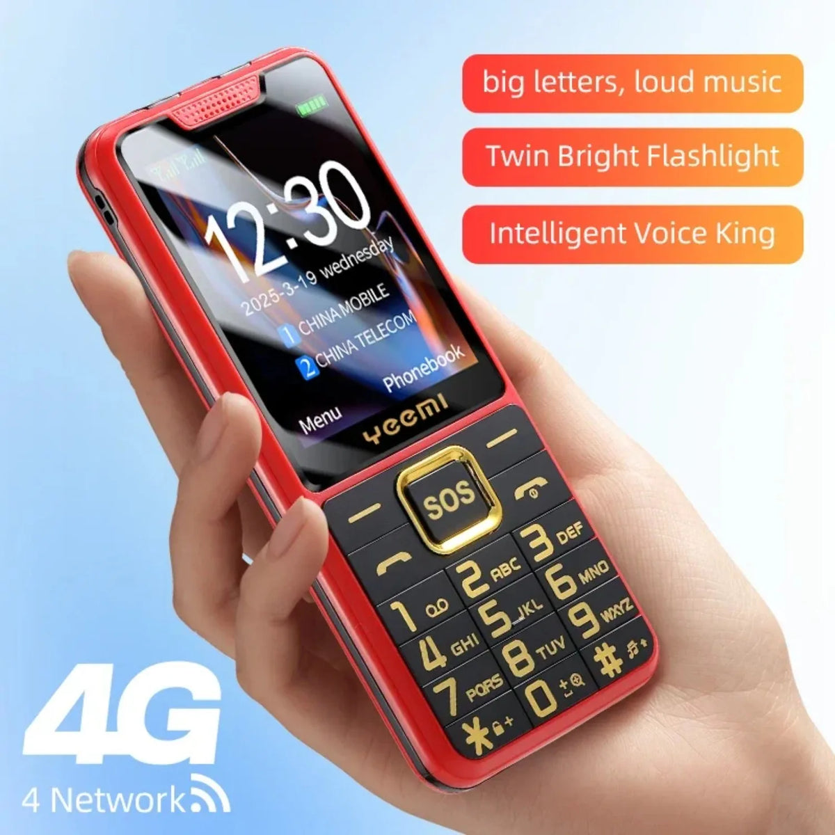 YEEMI K3 4G Feature Keypad Phone 2.6 Inch Dual SlM Big Button Loud Volume for Elderly 2500mAh FM Radio Hebrew Keyboard SOS Video