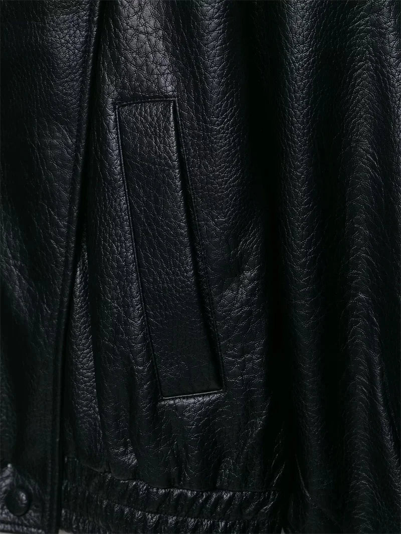 Women's Faux Leather Jacket 2025 New Fashion Autumn Black Long Sleeve Pebble Jacket Motorcycle Style Personality Ladies Jacket