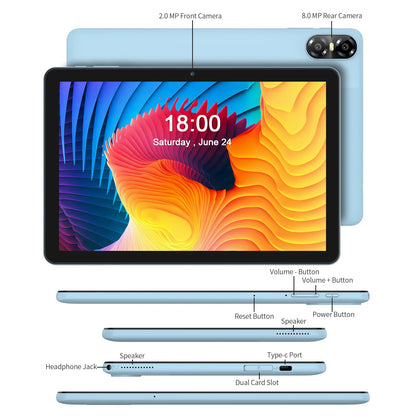 10.1" Android Tablet with Octa-core Processor 16GB(4+12GB Virtual) RAM 64GB ROM HD IPS Touchscreen, Wi-Fi 6, BT 5.0, Dual Camera