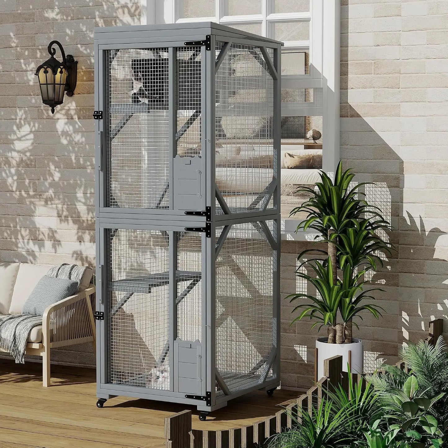 Garvee Black Walk-In Large Wooden Outdoor Catio Enclosure with 4 Lockable Rolling Wheels, Weatherproof Patio Cat House with Independent Rest Box, Spacious Garden Yard Cat Kennel for Multiple Cats