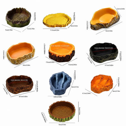 Multi-functional Reptile Feeding Bowl Multicolor Tree Stump Shape Crawler Water Basin Faux Stone Leak Proof