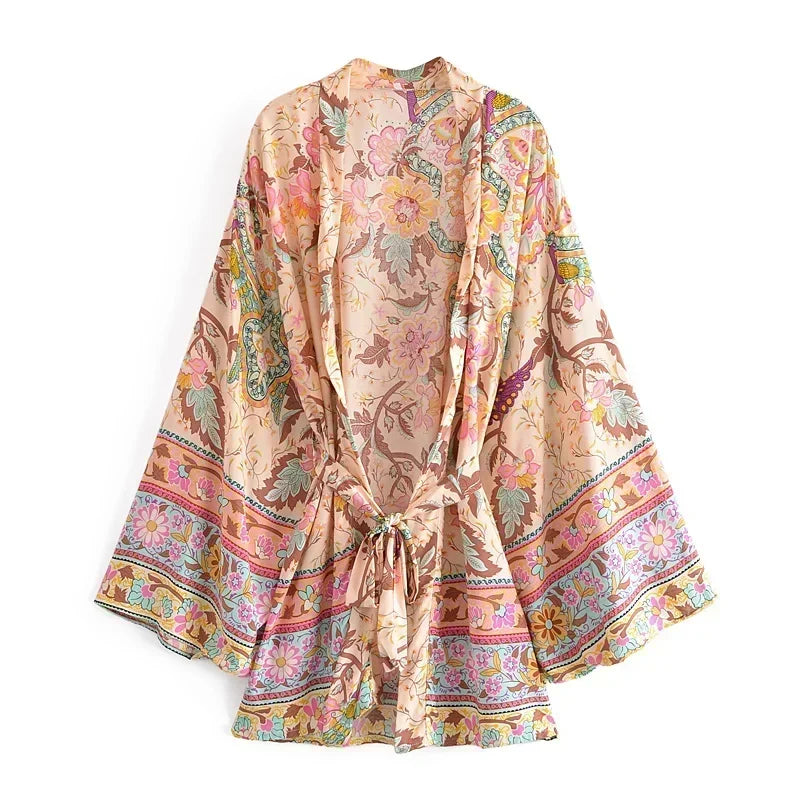 Boho Queens Vintage Peacock Floral Print Sashes Beach Kimono Women Bohemian Wrap Batwing Sleeves Holiday Bikini Cover-ups