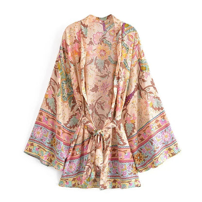 Boho Queens Vintage Peacock Floral Print Sashes Beach Kimono Women Bohemian Wrap Batwing Sleeves Holiday Bikini Cover-ups