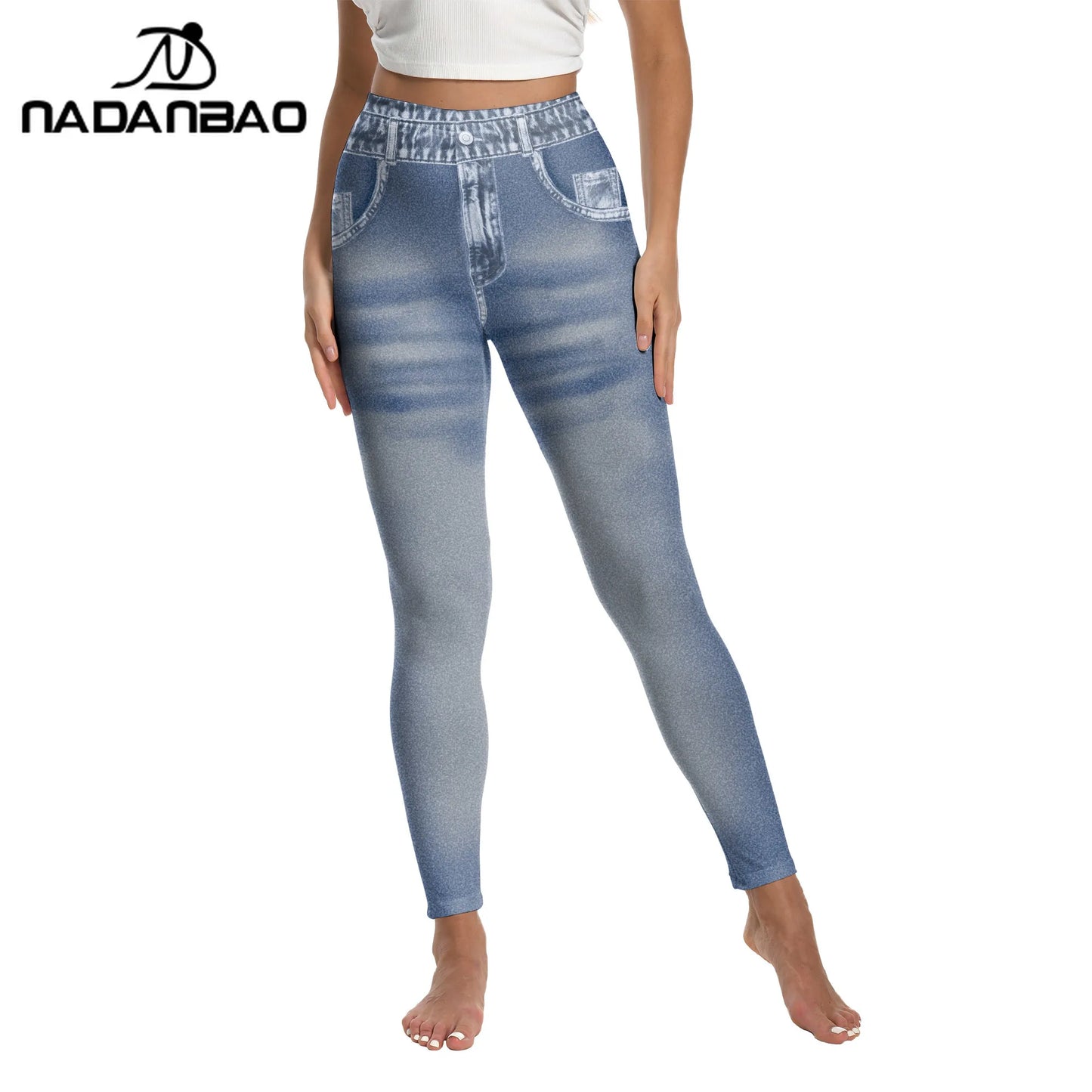 Nadanbao 3D Jeans Print Leggings Women Blue Grey Denim Pattern Pants Soft Slim Tights Sports Fitness Trousers Casual Streetwear