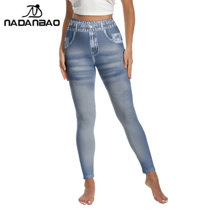 Nadanbao 3D Jeans Print Leggings Women Blue Grey Denim Pattern Pants Soft Slim Tights Sports Fitness Trousers Casual Streetwear