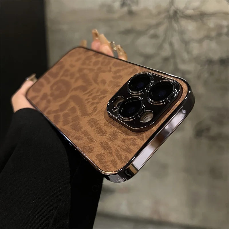 Luxury Plating Leopard Texture Leather Case For iPhone 17 16 15 14 Plus 13 12 11 Pro Max Lens Protection Shockproof  Cover Capa
