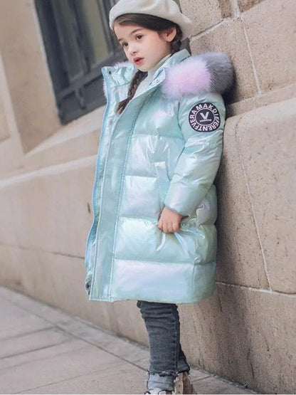 Winter Girls Shiny Hooded Down Jacket Fur Collar Windproof Coat Teenage Outerwear Kids Parka Snowsuit Clothing New 5-14 Years