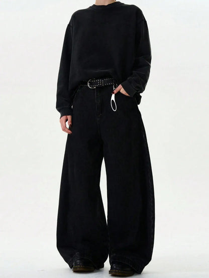 High Streets Spring Summer Men's Jeans American Baggy Wide Leg Curved Knife Denim Pants Loose Solid Color Male Trendy Trousers