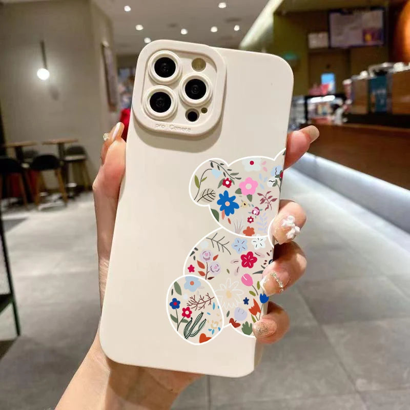 Floral Bear Painting Phone Case For iPhone 17 16 15 14 Pro Max 16E 13 12 11 16 Plus 17 Air Shockproof Soft Silicone Bumper Cover