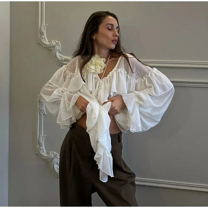 Sexy See-through Chiffon Top V-neck Long Sleeve Beach Party Shirt Trans-seasonal Women's Low Cut Shirt Ruffle Solid Color Tops