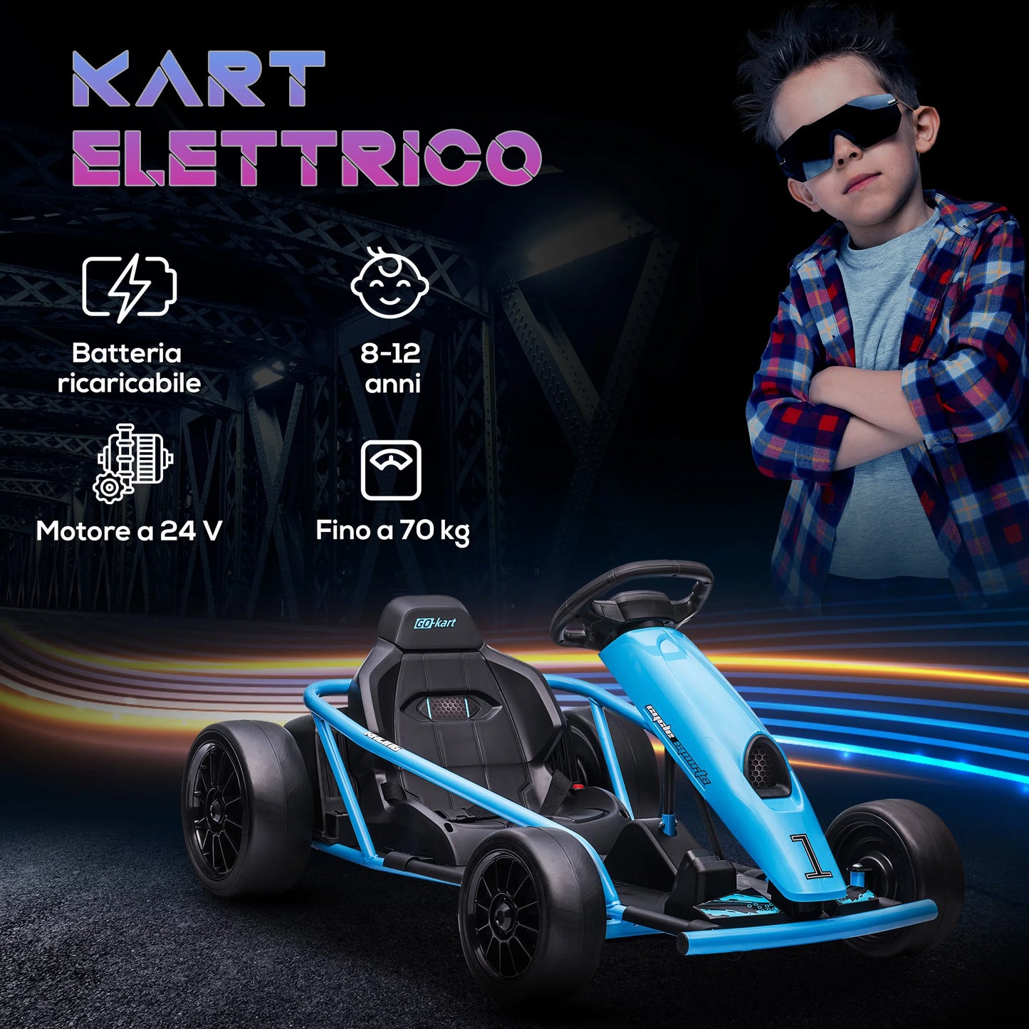 Electric Go-kart for children 8-12 years old with high backrest and safety belt, 115x77x54 cm, blue and black, electric stroller, toy kart, children's kart