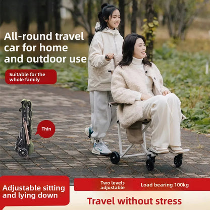 Portable Folding Travel Trolley for Elderly, Light‑Weight Recliner Cart, Multi‑Purpose Sit‑able for Car Trip & Outdoor Travel