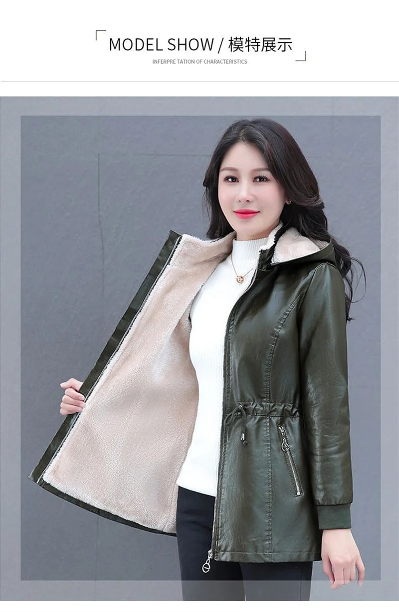 Winter Coat New Fashion Soft Leather Clothes Women's Long Sheep Leather Jacket Plus Velvet Padded Warm Coat