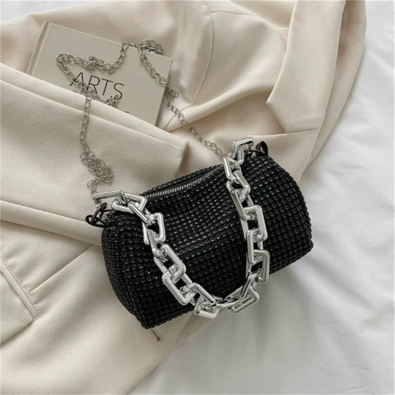 HOMEFISH Sparkling Rhinestone Bucket Bag, Chain Decor Party Clutch Purse, Female Mini Crossbody Bag