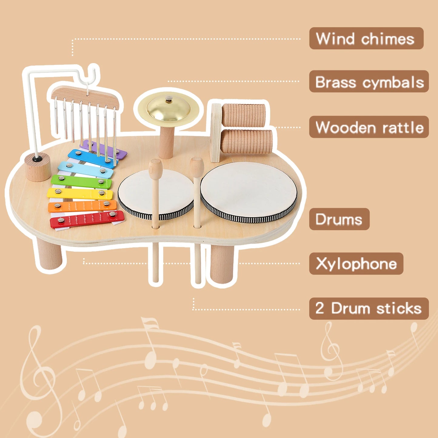 7 in 1 Wooden Toddler Musical Instrument Table Montessori Baby Percussion Toy Xylophone Drum Set Sensory Early Learning Play Gift for Kids 1‑4Y