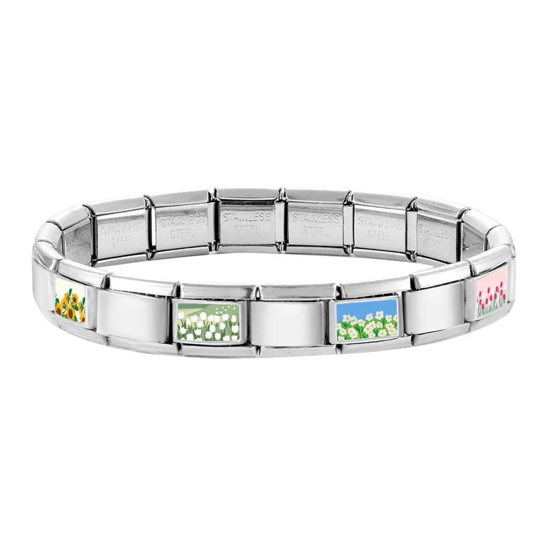 2025 Women's Fashion Colorful Flowers Oil Painting Style Series Italian Charms Fit 9mm Stainless Steel Bracelet DIY Jewelry Gift