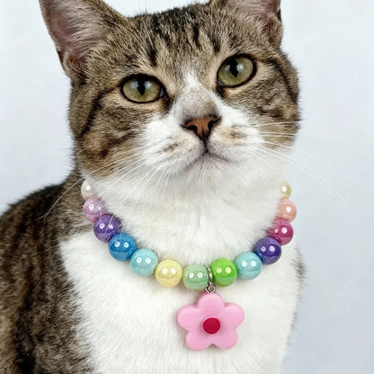 Cute Adjustable Beaded Cat Flower Pendant Candy Color Cat Pet Neck Chain Pet Jewelry Elastic Dog Cat Pet Collar Kitten Puppy