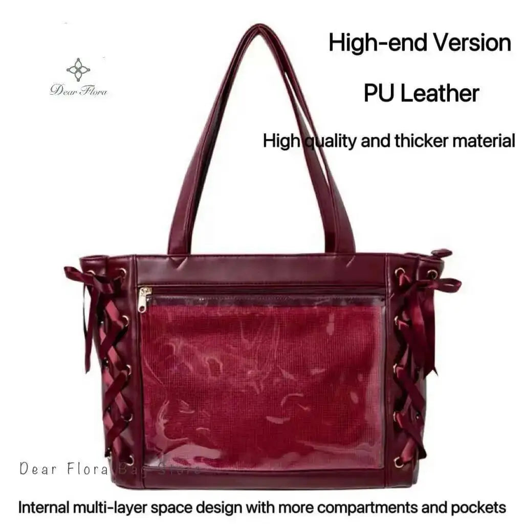 Japanese Sweet Women Ribbon Ita Bag Cute Lolita Girl Transparent Handbags Fashion Large Capacity Tote Bag Aesthetic Shoulder Bag
