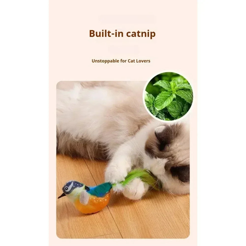Bird Sound Cat Toy Brown Green Blue Color Options and Combination Set Plush Feather Hanging Teaser for Indoor Cats Chasing Play