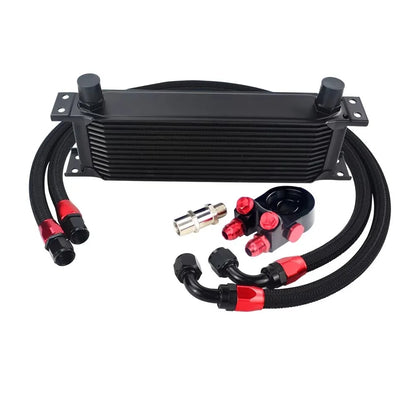 Universal 13 Rows Oil Cooler Kit + Oil Filter Sandwich Adapter + Nylon Stainless Steel Braided An10 Hose W/ PQY Sticker+Box