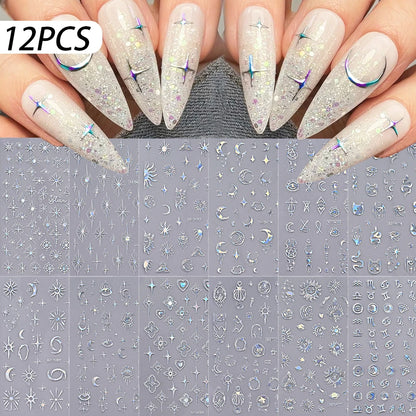 12Pcs 3D Gold Star Moon Sun Nail Stickers 10*8cm Y2K Starlight Self-adhesive Nail Decals Snake Cat Slider DIY Manicure Accessory