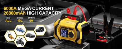 FOWAWU 6000A 26800mAh Jump Starter with Air Compressor,Car Battery Power Bank (ALL Gas/10.0L Diesel), Auto-Shutoff Tire Inflator