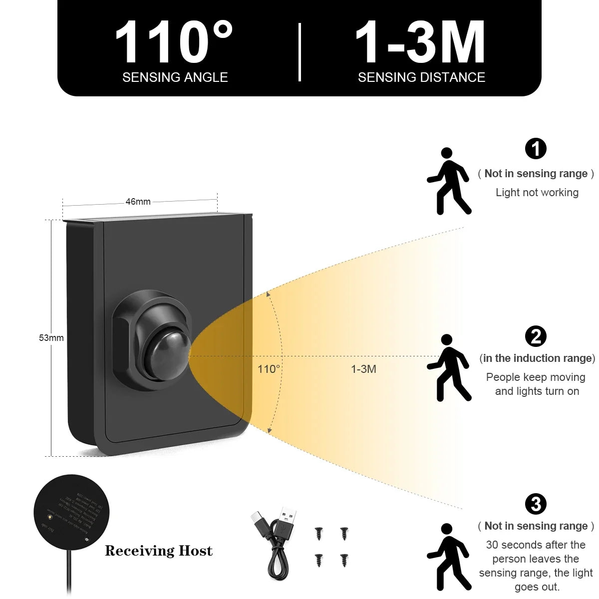 Wireless Moveable PIR Motion Sensor Switch USB Rechargeable DC12V-24V Work With Receiver Multi-pieces Linkage Use For LED Light