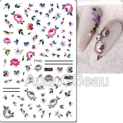 3d Nails Art Decals Spring Fruits Pink Full Tips Peony Magnolia Flowers Adhesive Sliders Stickers Decoration For Nails Manicure