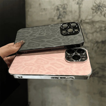 Luxury Plating Leopard Texture Leather Case For iPhone 17 16 15 14 Plus 13 12 11 Pro Max Lens Protection Shockproof  Cover Capa