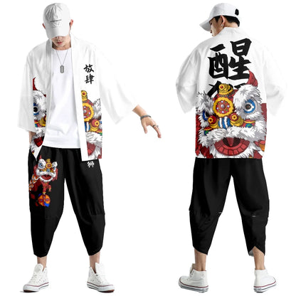Large Size 5XL 6XL Japanese Kimono Cardigan Pants Set Print Fox Men Women Shirt Tradition Yukata Haori Obi Cosplay Costume