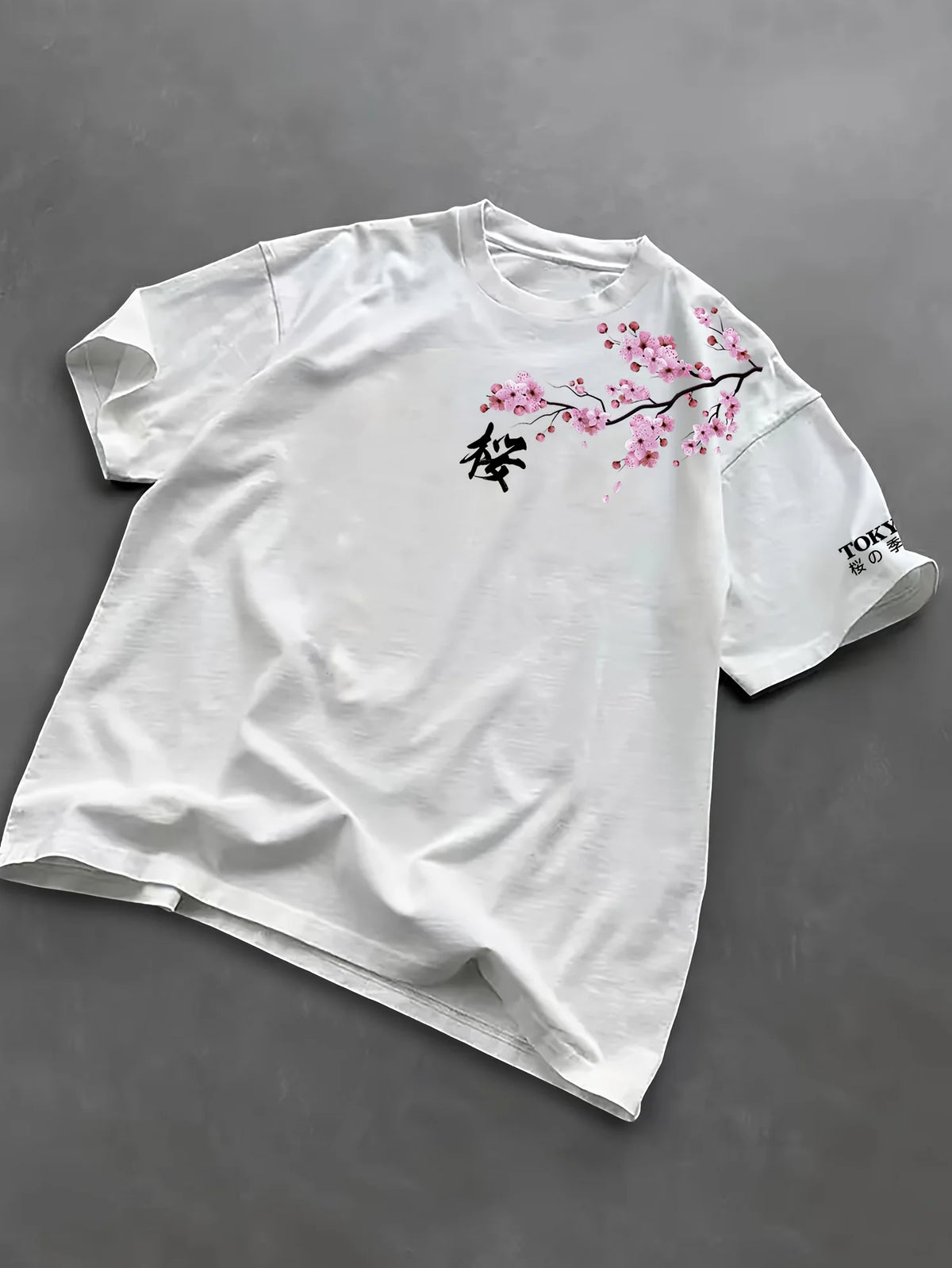 Summer Men Cherry Blossom Pattern Japanese Style Loose-Tee Shirt Suitable for Daily Wear 100% Cotton Material Trendy Versatile