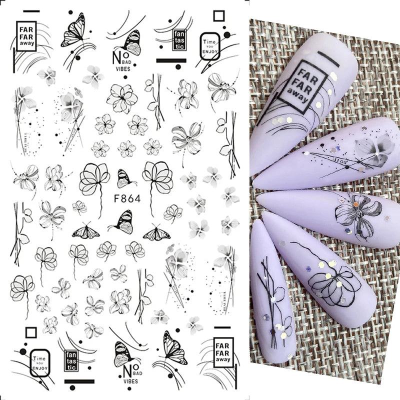 Black and White Love Flowers Line Art 3D Stickers Nail Decals Nail Art Accessories Butterfly Rose Nail Stickers Nail Sliders