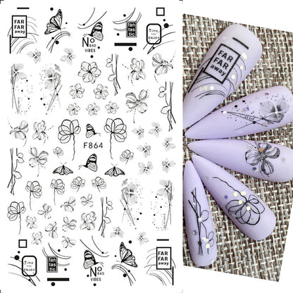Black and White Love Flowers Line Art 3D Stickers Nail Decals Nail Art Accessories Butterfly Rose Nail Stickers Nail Sliders