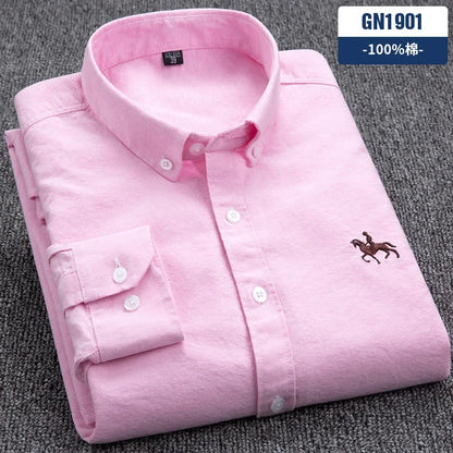 Casual cotton men's shirt slim fit horse logo bottom inch shirt Oxford spinning long sleeved striped shirt