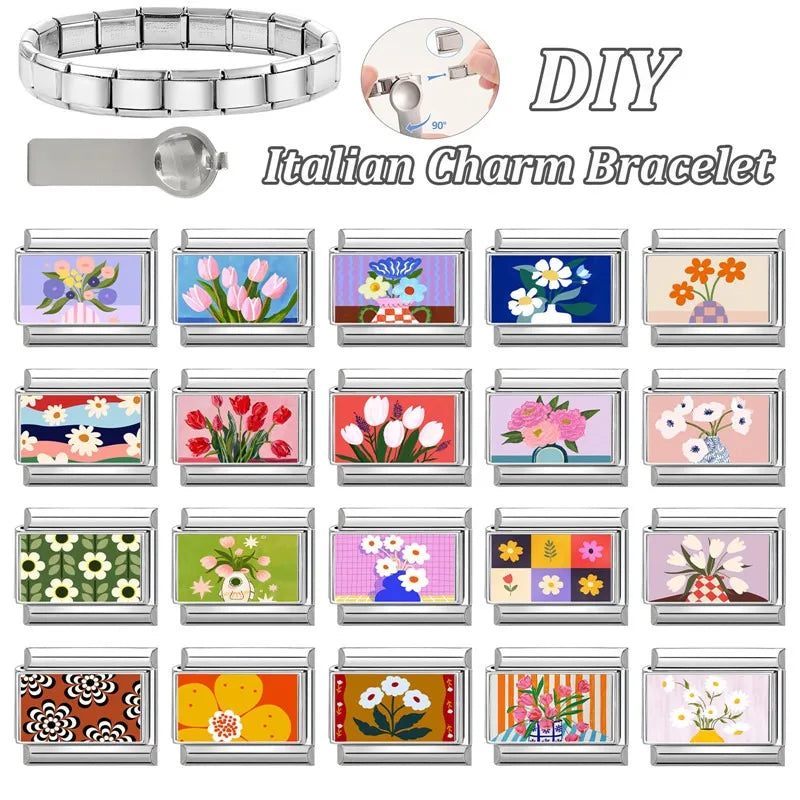 2025 Women's Fashion Colorful Flowers Oil Painting Style Series Italian Charms Fit 9mm Stainless Steel Bracelet DIY Jewelry Gift